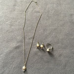 Silver musical note jewelry set with white Pearl necklace, ring & earrings